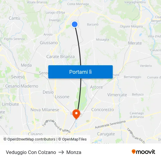 Veduggio Con Colzano to Monza map