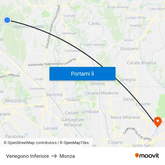 Venegono Inferiore to Monza map