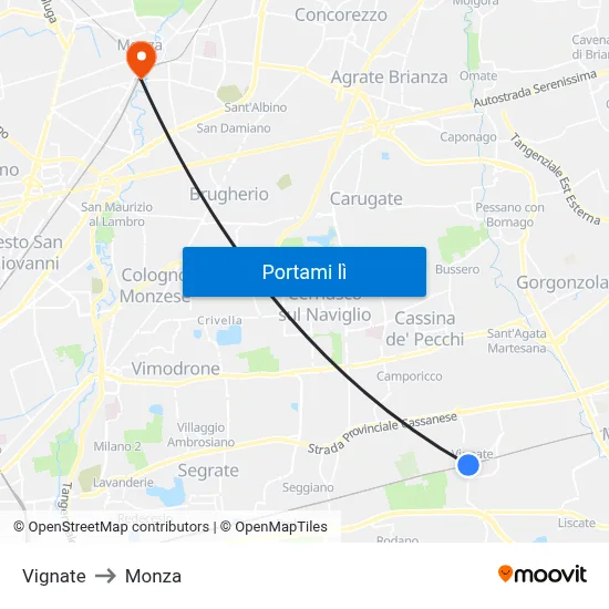 Vignate to Monza map