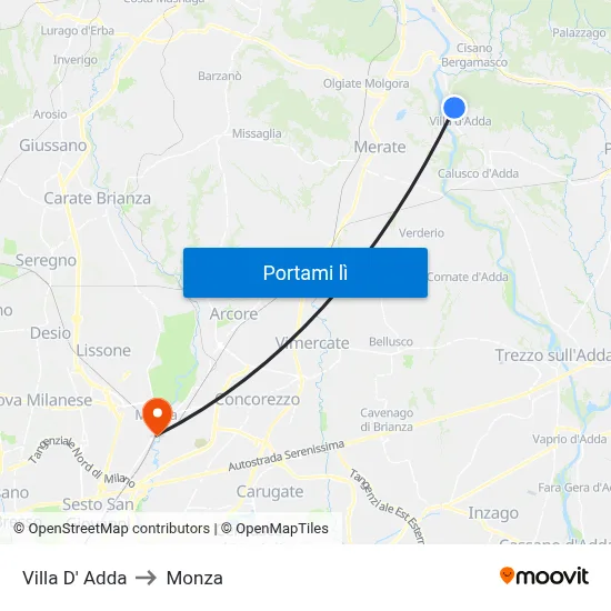 Villa D' Adda to Monza map