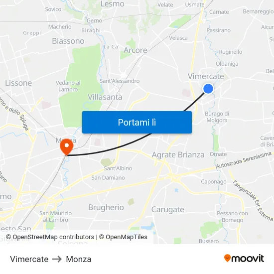 Vimercate to Monza map
