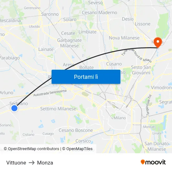 Vittuone to Monza map