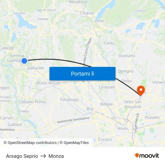 Arsago Seprio to Monza map