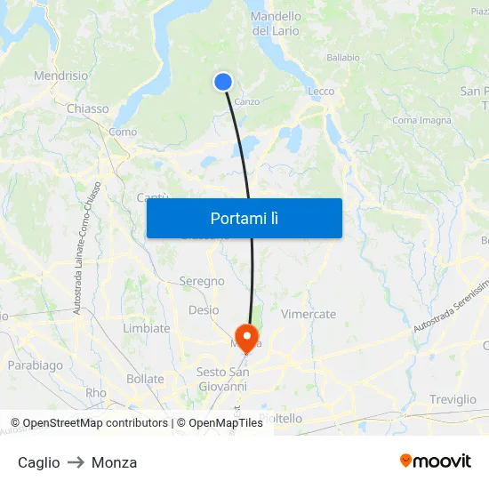 Caglio to Monza map