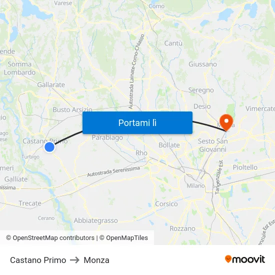 Castano Primo to Monza map