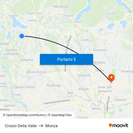 Crosio Della Valle to Monza map