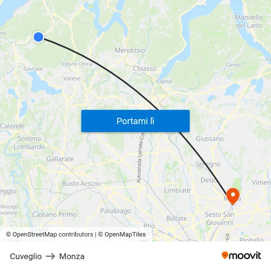 Cuveglio to Monza map