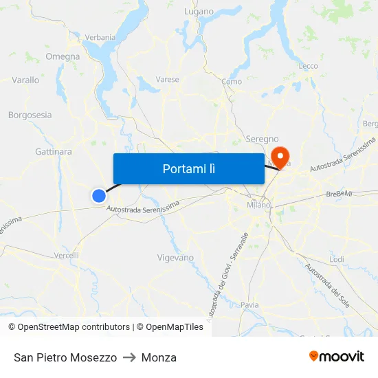 San Pietro Mosezzo to Monza map
