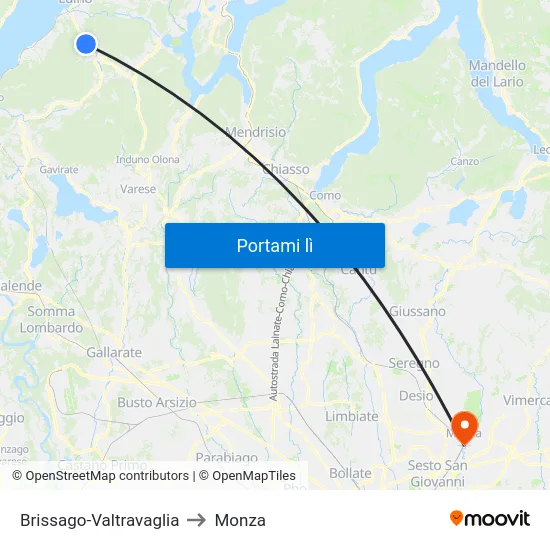 Brissago-Valtravaglia to Monza map