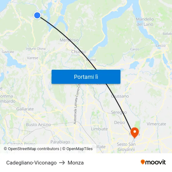 Cadegliano-Viconago to Monza map