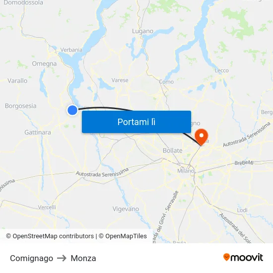 Comignago to Monza map