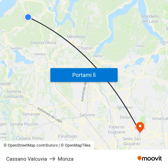 Cassano Valcuvia to Monza map