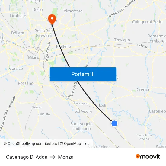 Cavenago D' Adda to Monza map
