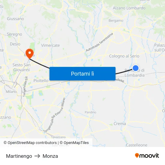 Martinengo to Monza map