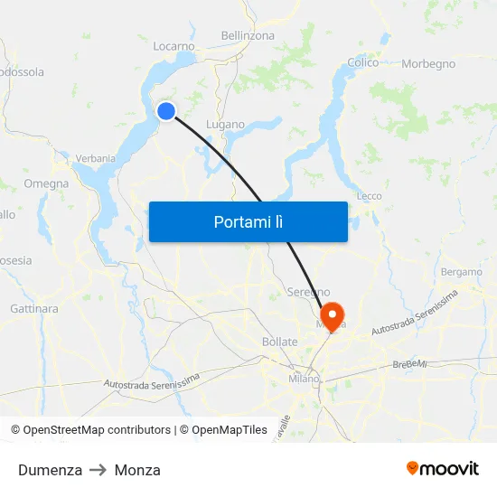 Dumenza to Monza map