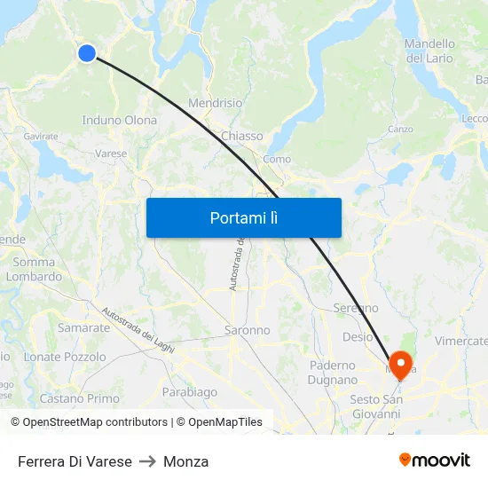 Ferrera Di Varese to Monza map