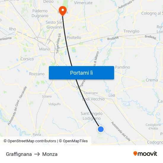 Graffignana to Monza map