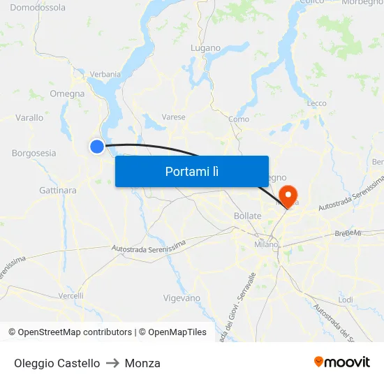 Oleggio Castello to Monza map