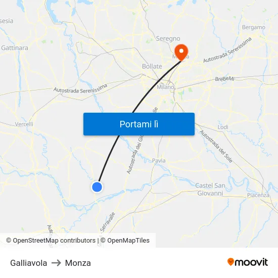 Galliavola to Monza map