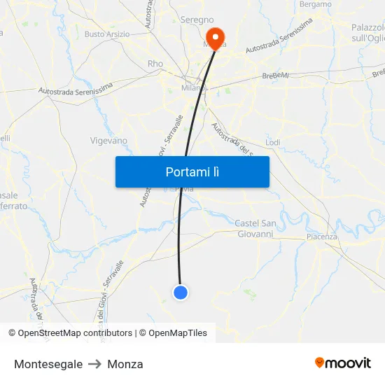Montesegale to Monza map