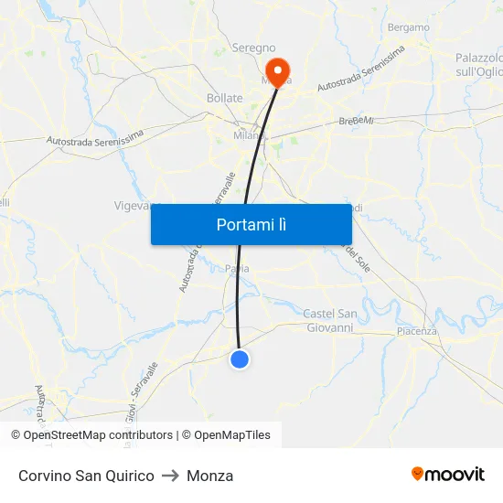 Corvino San Quirico to Monza map