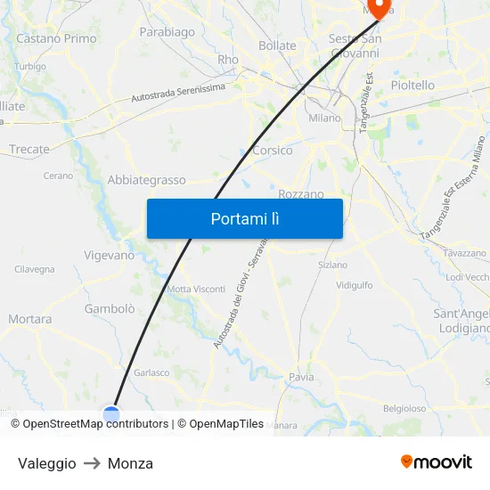 Valeggio to Monza map