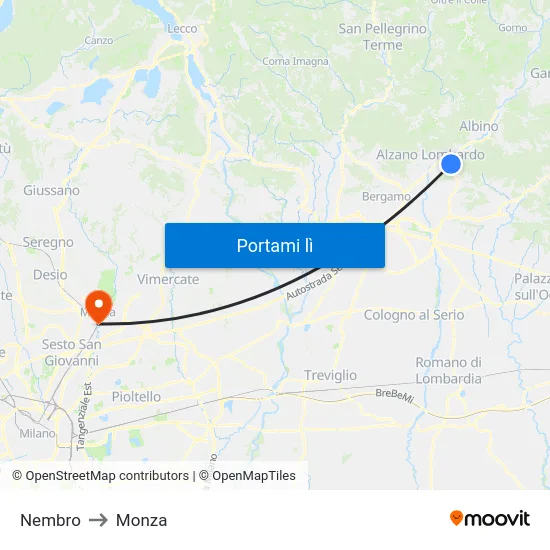 Nembro to Monza map