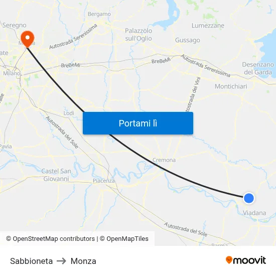 Sabbioneta to Monza map