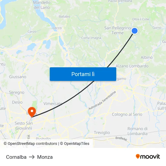 Cornalba to Monza map