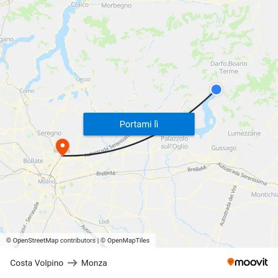 Costa Volpino to Monza map
