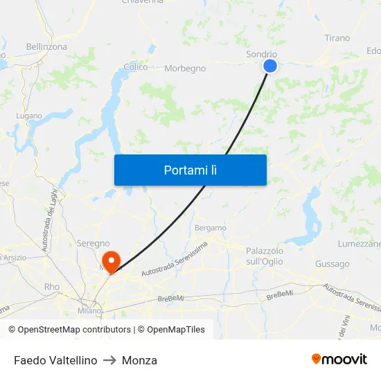 Faedo Valtellino to Monza map