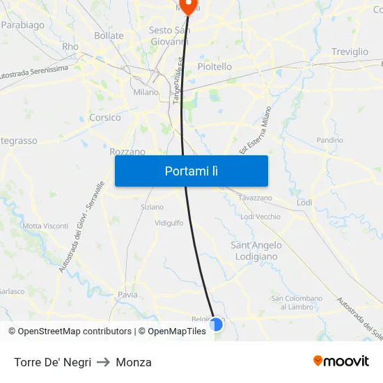 Torre De' Negri to Monza map