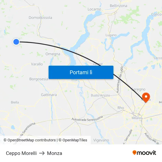 Ceppo Morelli to Monza map