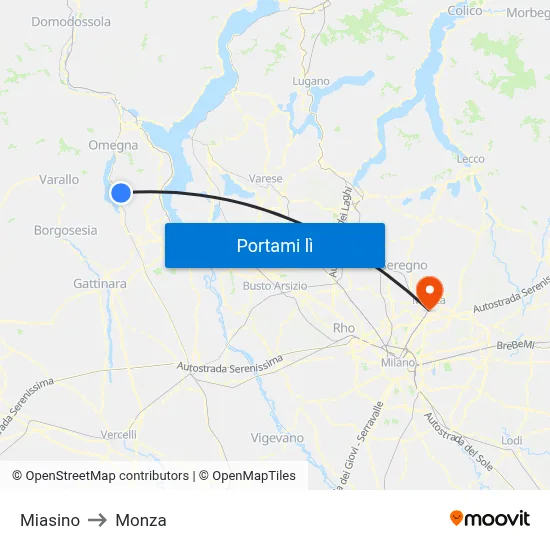 Miasino to Monza map