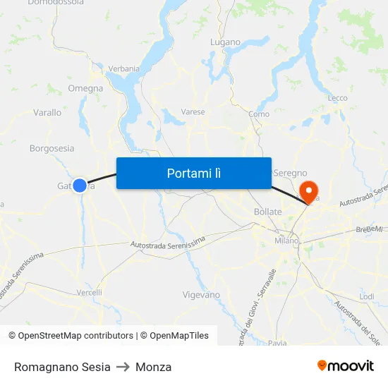 Romagnano Sesia to Monza map