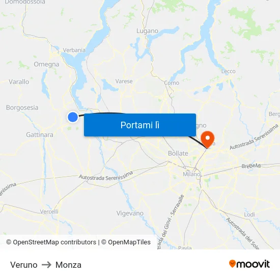 Veruno to Monza map