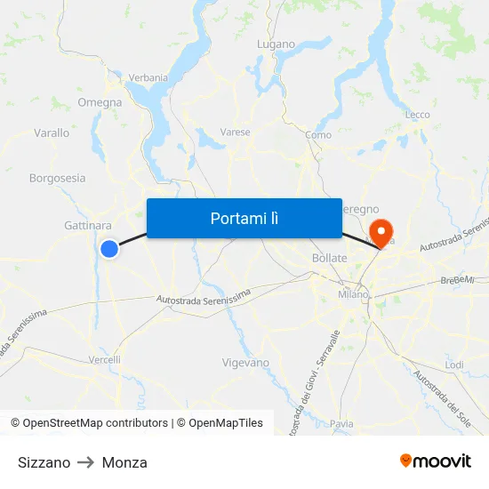 Sizzano to Monza map
