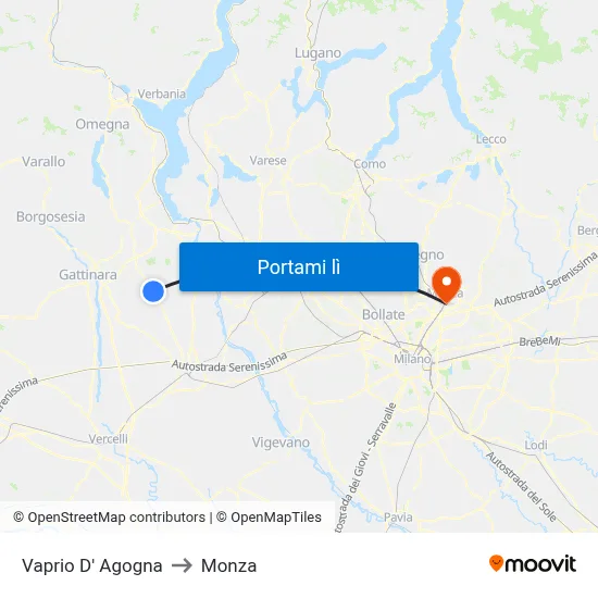 Vaprio D' Agogna to Monza map