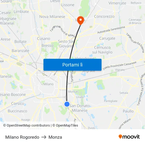 Milano Rogoredo to Monza map