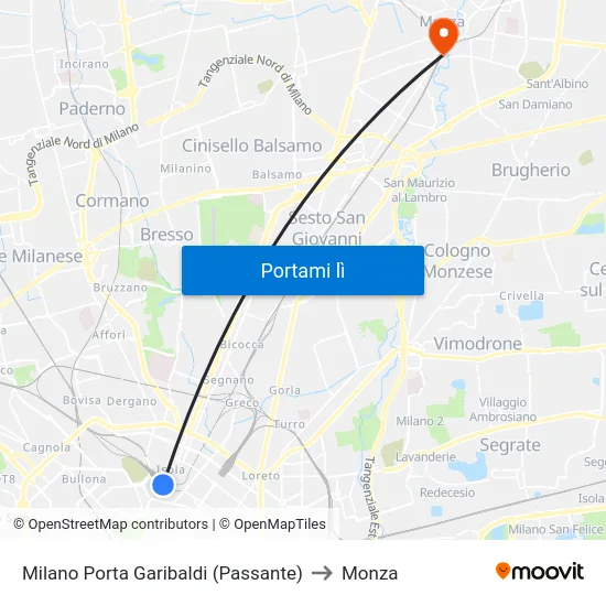 Milano Porta Garibaldi (Passante) to Monza map