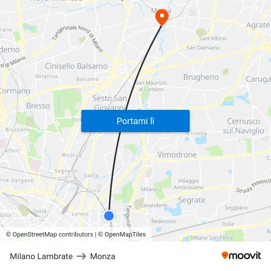 Milano Lambrate to Monza map