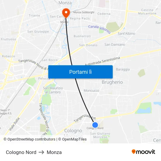 Cologno Nord to Monza map