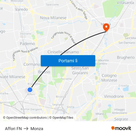 Affori FN to Monza map