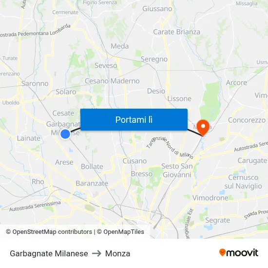 Garbagnate Milanese to Monza map