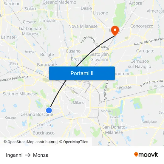 Inganni to Monza map