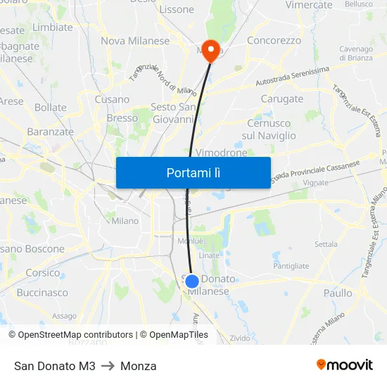 San Donato M3 to Monza map
