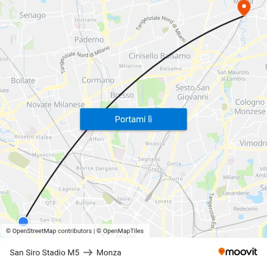 San Siro Stadio M5 to Monza map
