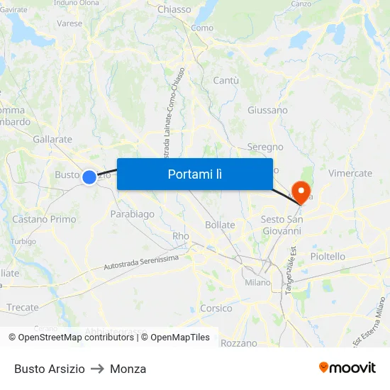 Busto Arsizio to Monza map