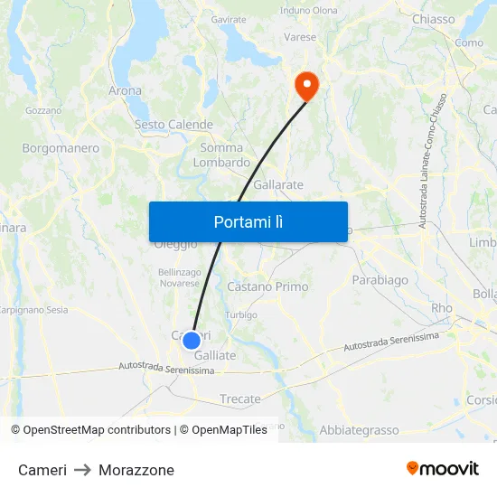 Cameri to Morazzone map