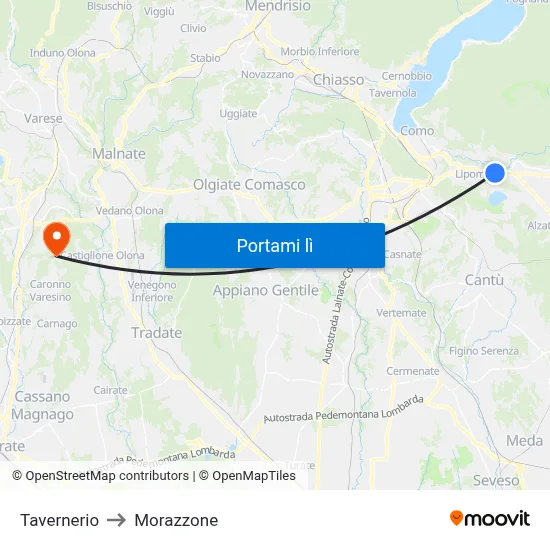 Tavernerio to Morazzone map